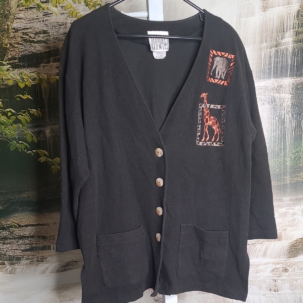 Barbara Gerwit Womens XL black button up safari giraffe elephant cardigan